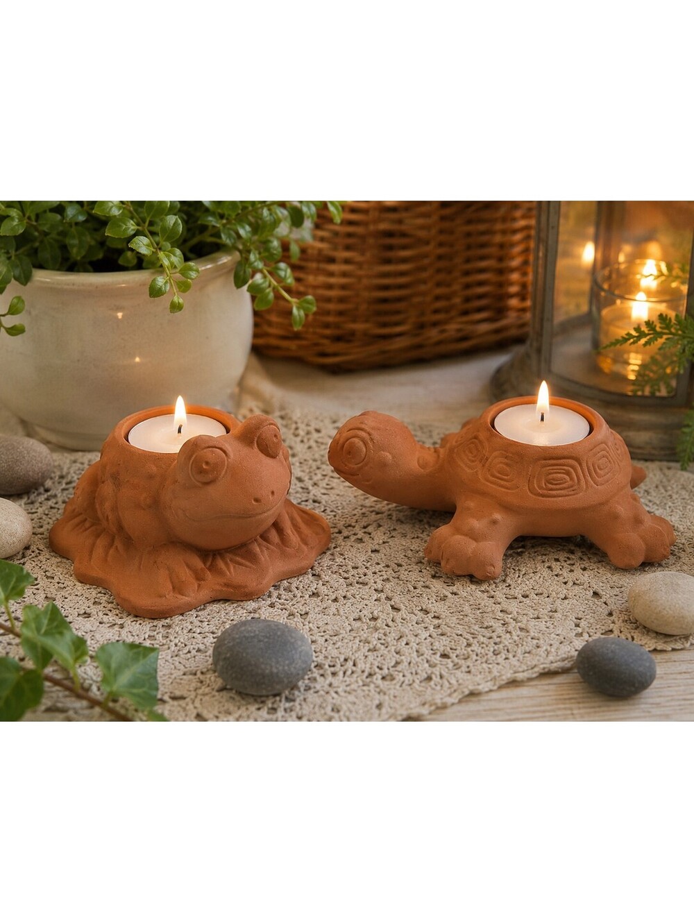 Vintage PartyLite Frog & Turtle Bisque Terracotta Tealight Candle Holders Pair